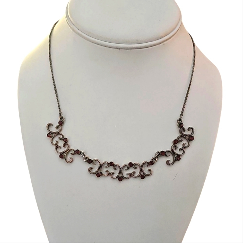 1979 Choker Necklace Ornate Gold Tone Metal Red Rhinestone Accents For AVON